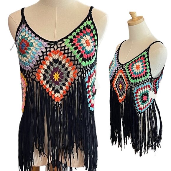 Style Bohemian Tops - Crochet Granny Square Fringe Hem Hippie Boho Retro Cami Crop Top